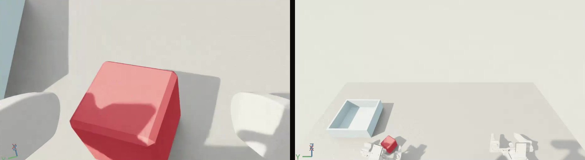 Two camera views from the simulation: a wrist camera close to the cube, and the base camera looking down at the table