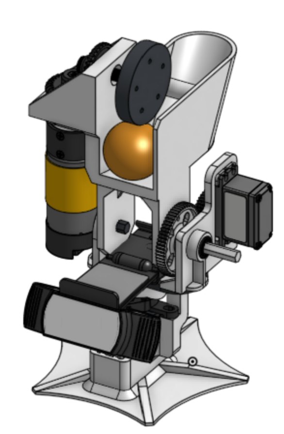 Onshape CAD render of the turret: flywheel, ball hopper, pan and tilt servos, and webcam mount